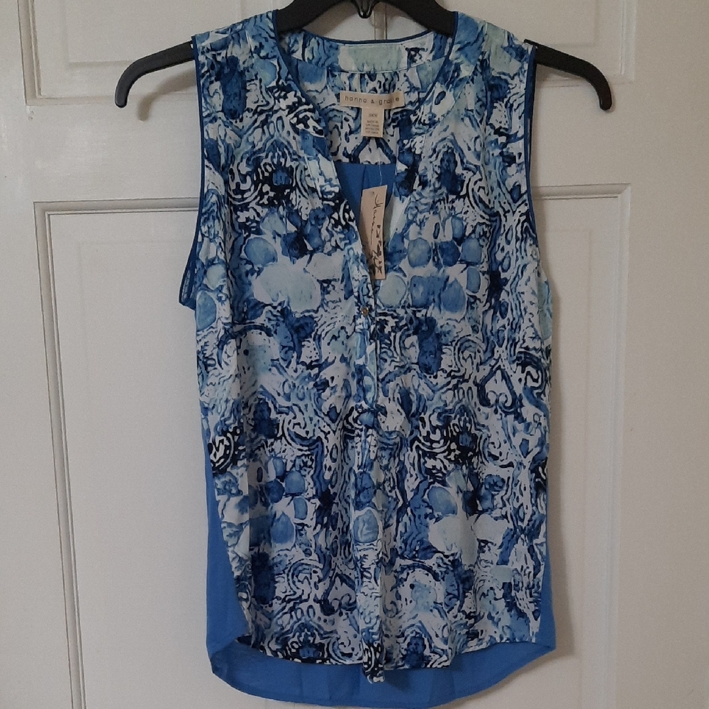 nanna & gracie Chic Blue Abstract Sleeveless Blouse SZ S/CH
